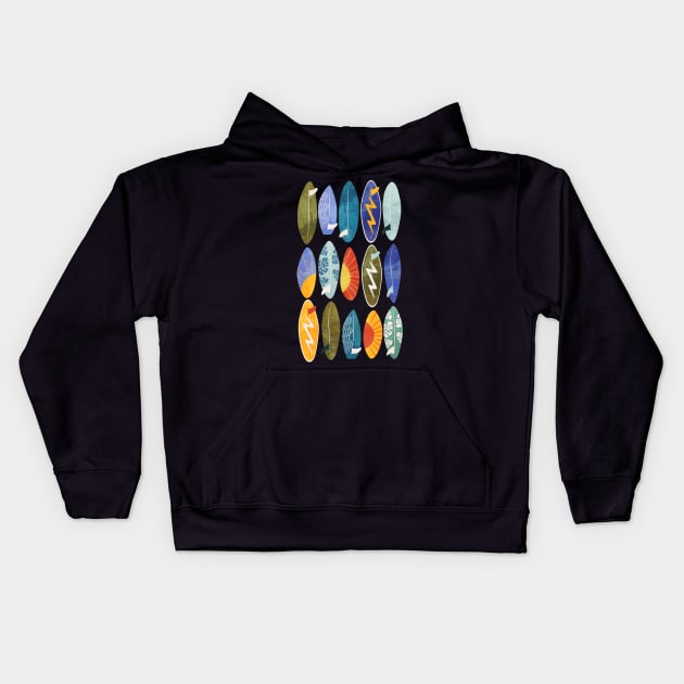 Surfboard on orange Kids Hoodie by Lidiebug